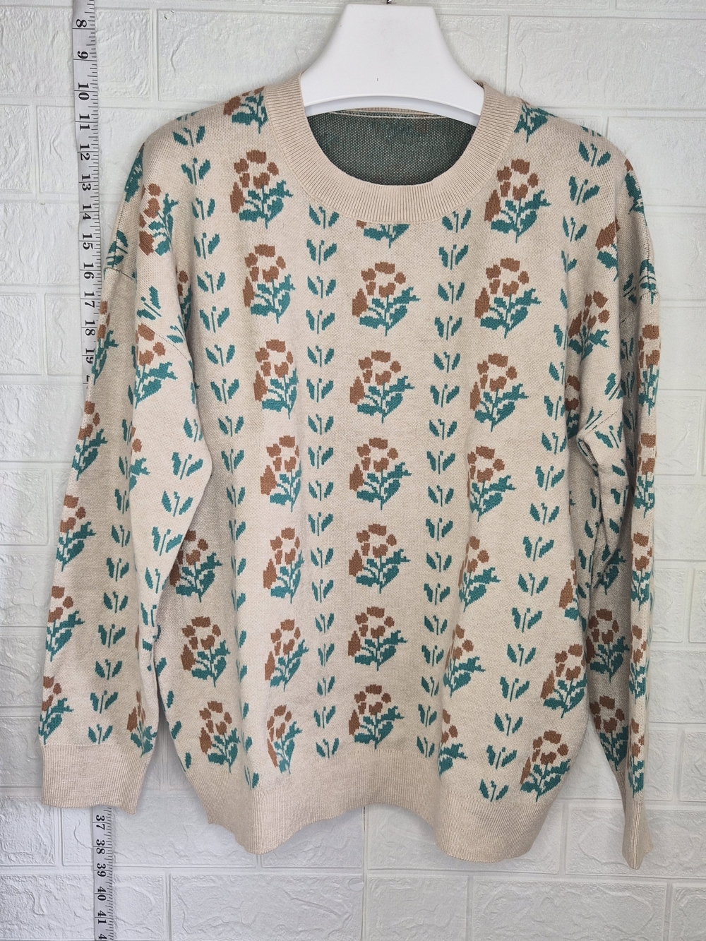Grandpacore Nordic Heavy Tan Teal Basic Floral Academia Sweater Loose Size M